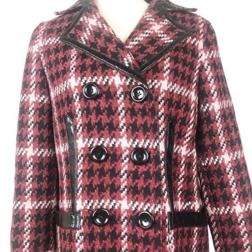 Express Womens NWT Red Houndstooth Plaid Faux Leather Trim Car Pea Coat Small - Picture 3 of 8